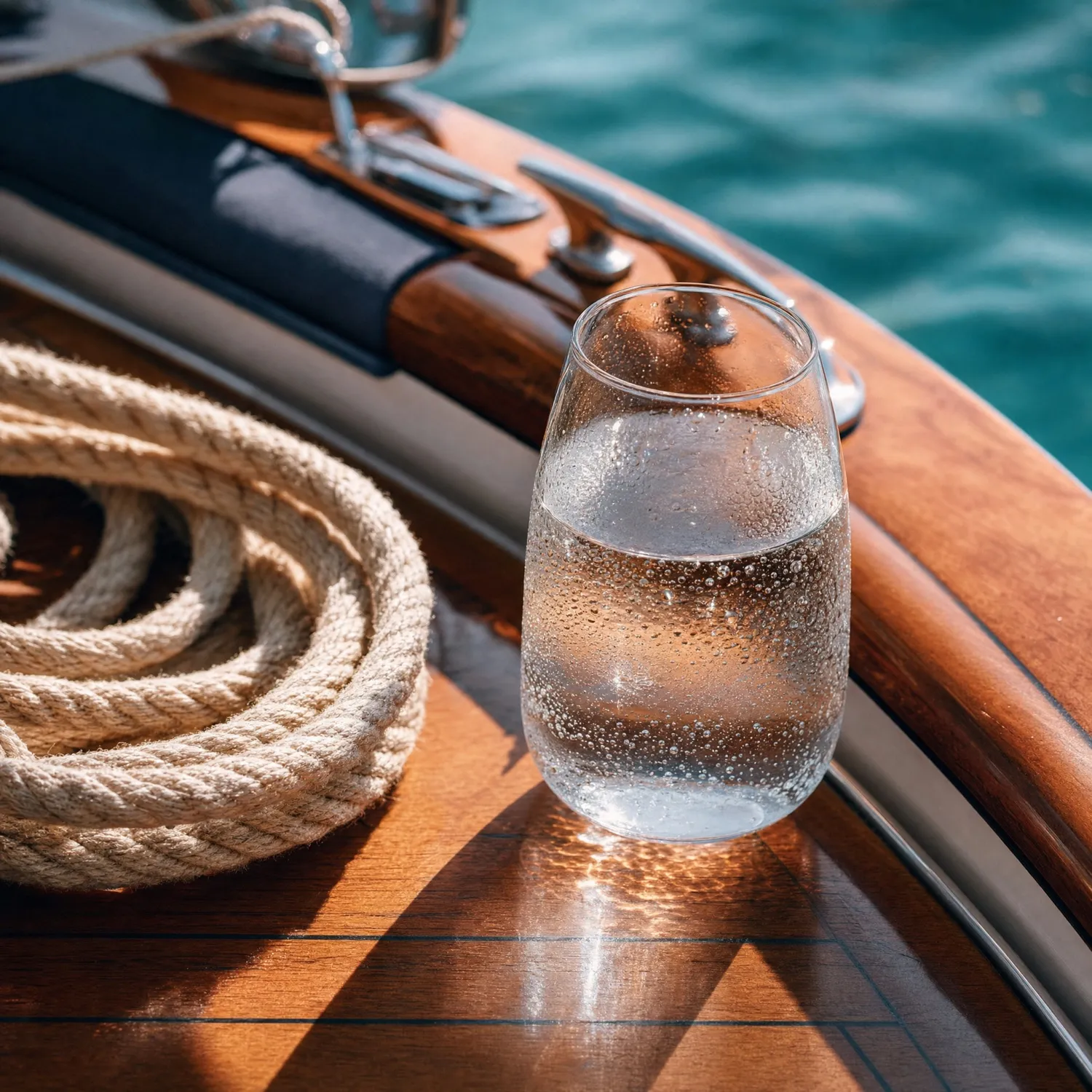 A cold drink and turquoise reflections on the boat deck