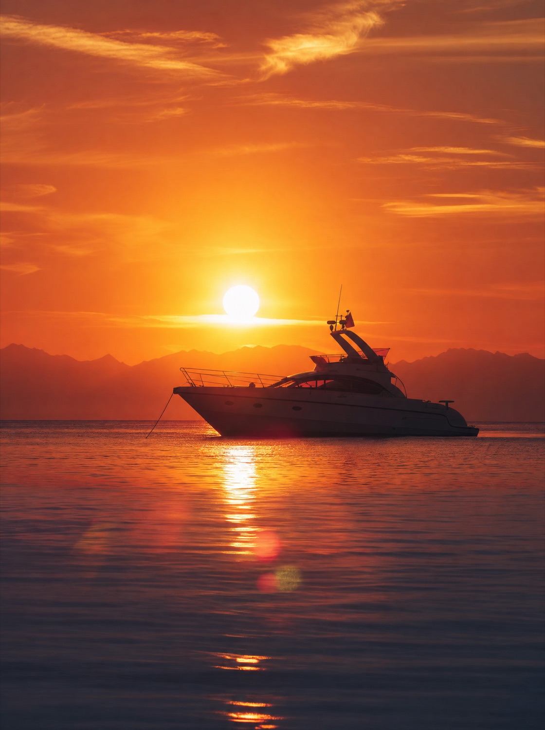 A boat silhouette on the Red Sea at a fiery sunset